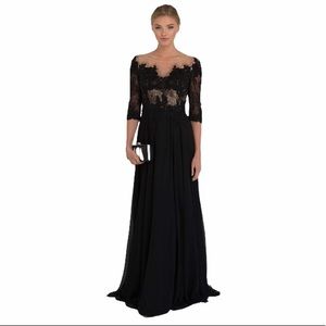 Elizabeth K 3/4 Sleeve Jewel Illusion Lace Gown